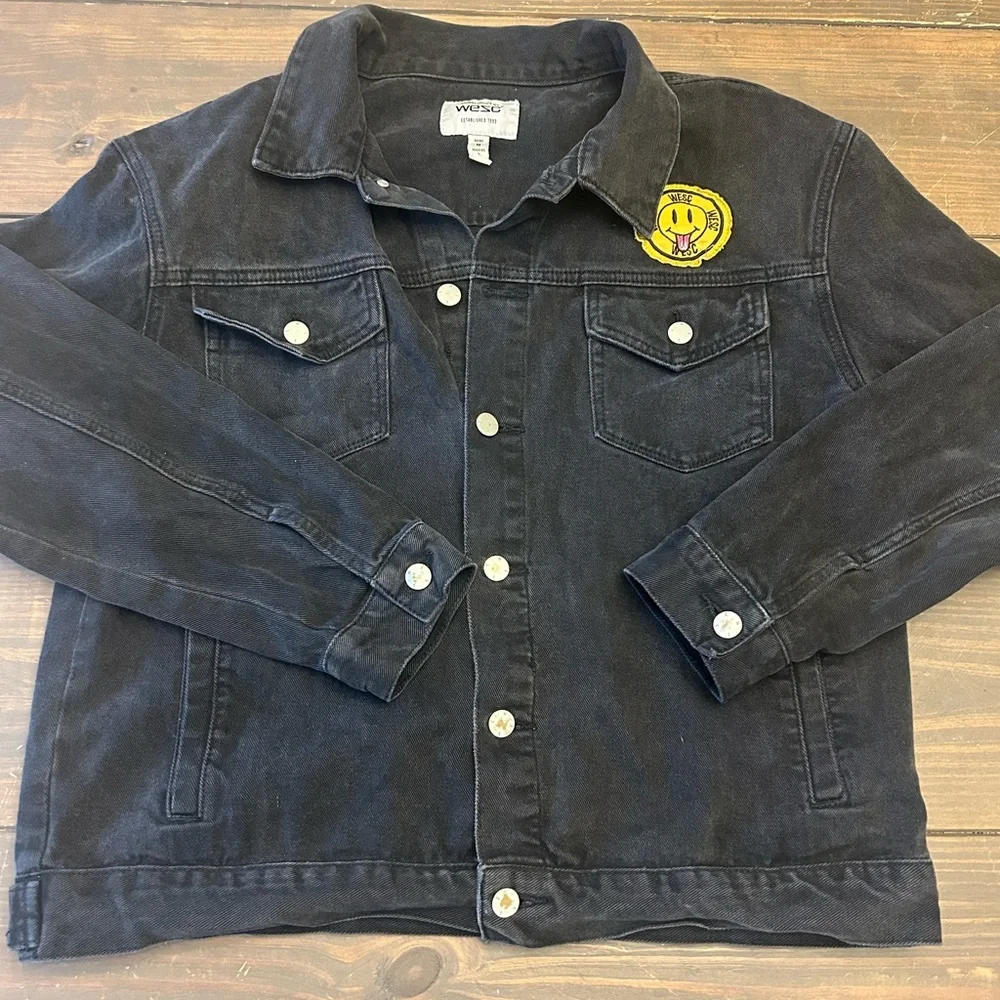 Conspiracy WESC Denim Jacket Unisex Black Smiley Face Trucker Mens m Women’s L - Picture 1 of 15
